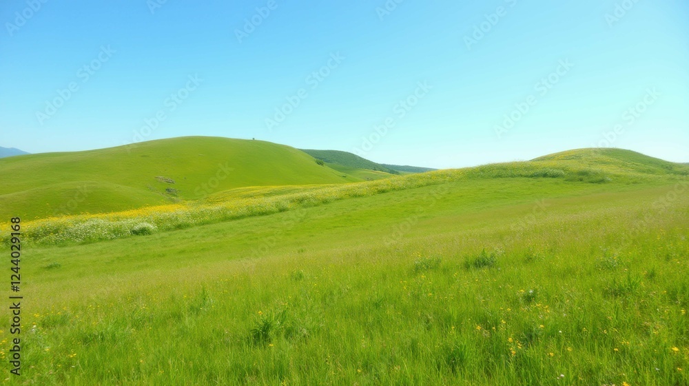 Serene Green Hills Under Clear Blue Sky with Gentle Breeze Serene Green Hills Under Clear Blue Sky with Gentle Breeze