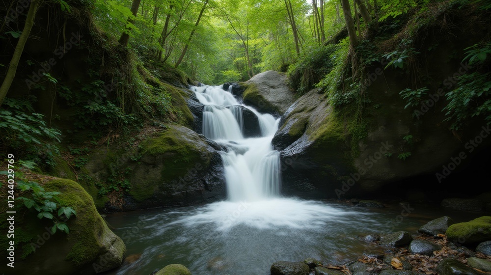 Serene Waterfall Flowing Through Lush Green Forest Landscape Serene Waterfall Flowing Through Lush Green Forest Landscape