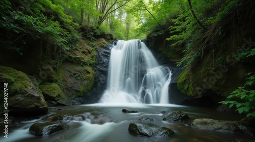 Serene Waterfall Cascading Through Lush Green Forest Landscape
