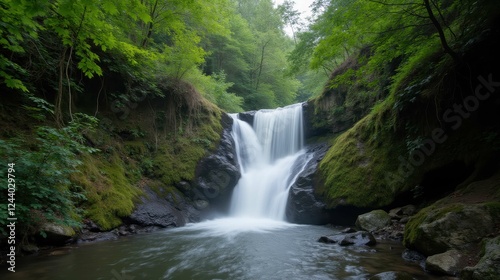Serene Waterfall Surrounded by Lush Green Forest Landscape