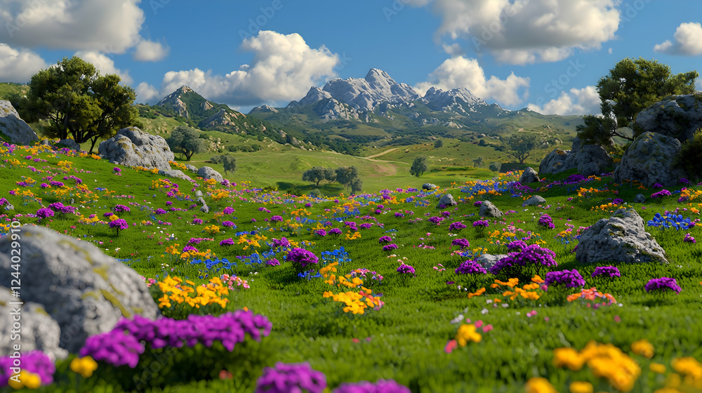 Obraz premium Spring meadow, mountain backdrop, sunny day, wildflowers. Use travel brochure