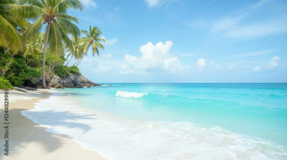 Fototapeta premium Serene Tropical Beach with Palm Trees and Crystal Clear Water