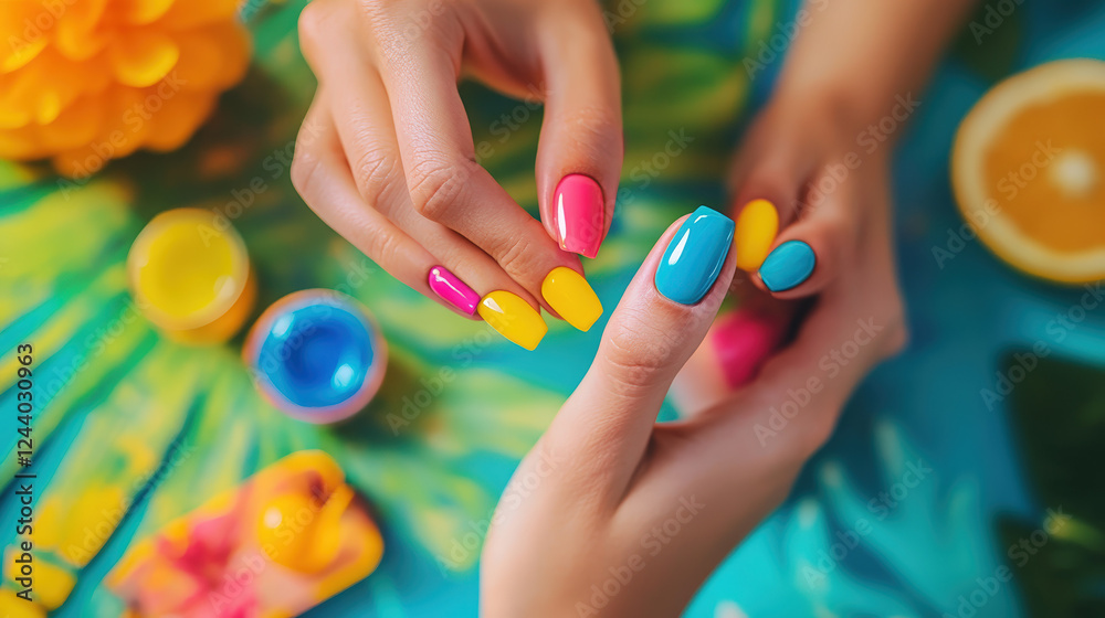 Naklejka premium Vibrant Colored Nail Art Application with Tropical Theme on Blue Background