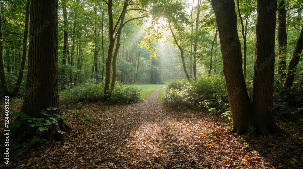 Fototapeta premium Serene Forest Pathway with Sunlight Filtering Through Trees