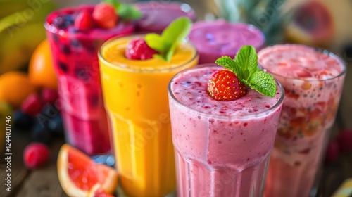 Fresh milk, strawberries, blueberries and banana drinks on a wooden table, a variety of protein shakes with fresh fruits.