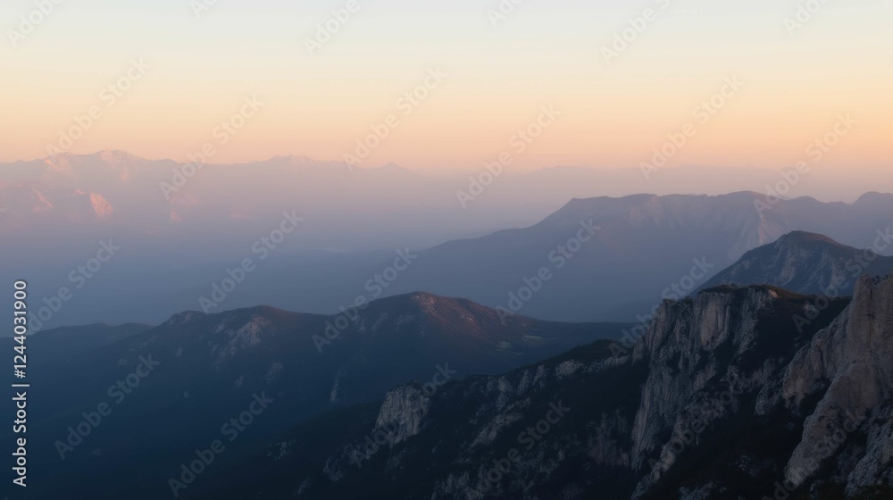 Fototapeta premium Serene Mountain Landscape at Dusk with Multicolored Sky and Peaks