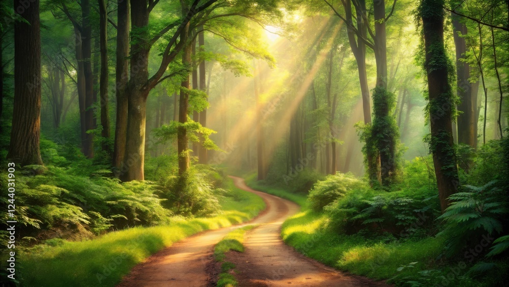Obraz premium Sunlit Path Winding Through a Lush Green Forest