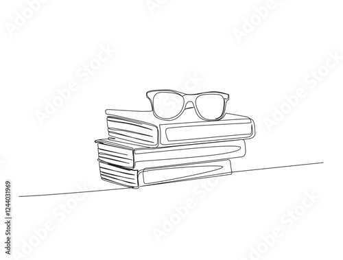 Continuous one line drawing of sunglasses put over the books. Sunglasses and books in single line draw illustration. Editable stroke.
