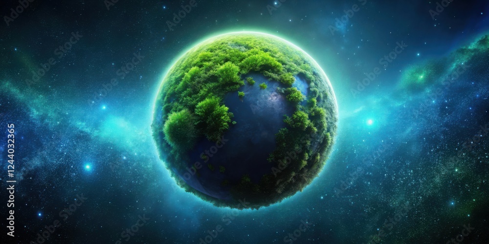 Obraz premium Lush Green Planet Floating in a Celestial Sea of Stars