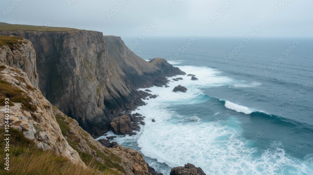 Dramatic Coastal Landscape with Waves Crashing on Rocky Cliffs Dramatic Coastal Landscape with Waves Crashing on Rocky Cliffs