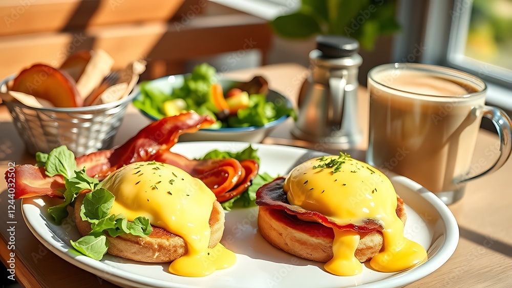 sunny brunch eggs benedict, bacon, salad, latte sunny brunch eggs benedict, bacon, salad, latte