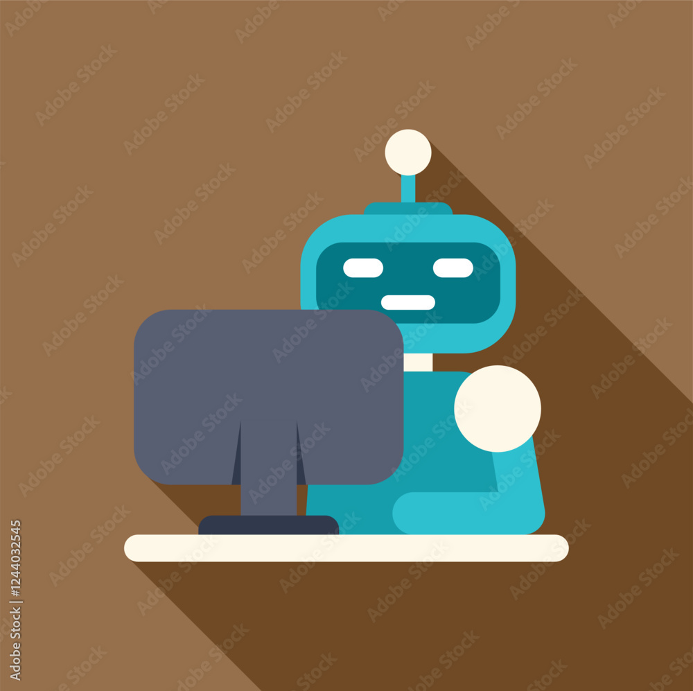 Blue robot sitting at a desk and working on a desktop computer, representing automation and artificial intelligence in the workplace