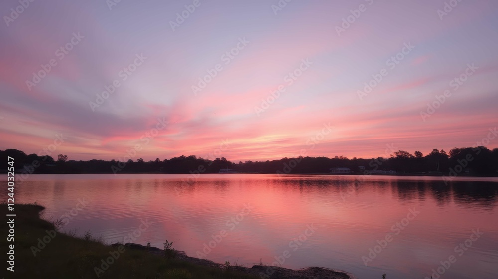 Serene Sunset Over Calm Lake with Vibrant Pink and Orange Sky Serene Sunset Over Calm Lake with Vibrant Pink and Orange Sky
