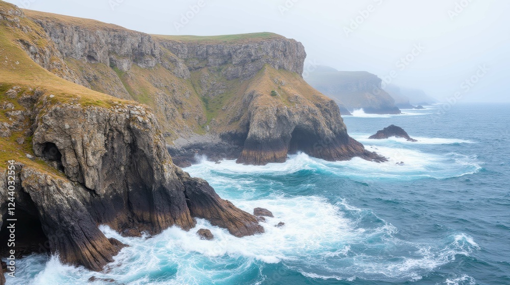 Fototapeta premium Misty Coastal Landscape with Rugged Cliffs and Turbulent Waves