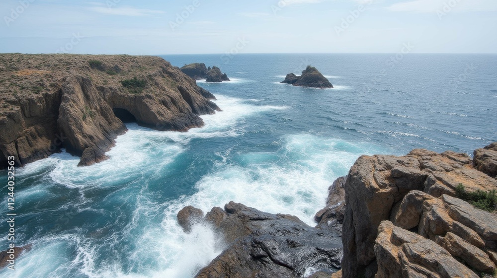 Stunning Coastal Landscape with Clear Blue Ocean and Rocky Cliffs Stunning Coastal Landscape with Clear Blue Ocean and Rocky Cliffs