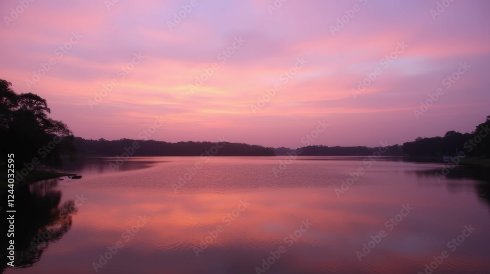 Naklejka premium Tranquil Sunset Over Calm Lake with Colorful Sky Reflections
