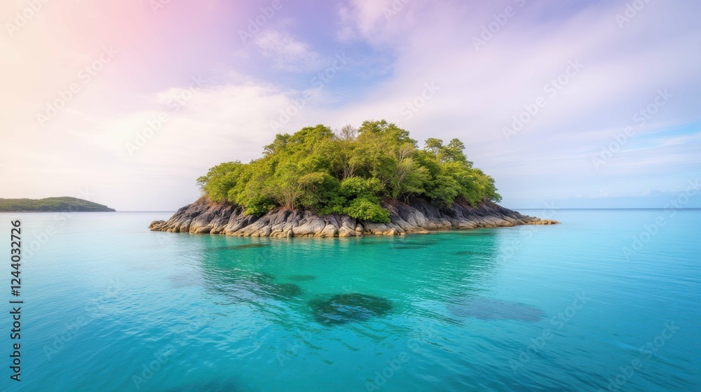 Obraz premium Serene Tropical Island Surrounded by Clear Turquoise Waters at Sunset
