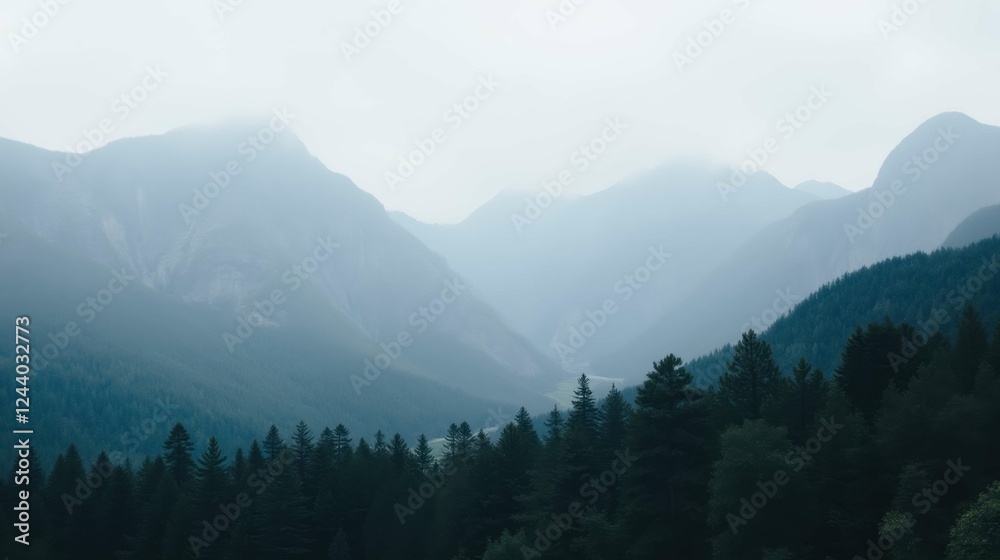 Obraz premium Misty Mountain Landscape with Dense Forest and Dramatic Sky