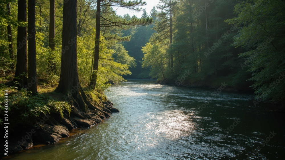 Fototapeta premium Tranquil Forest River with Sunlight Filtering Through Green Trees