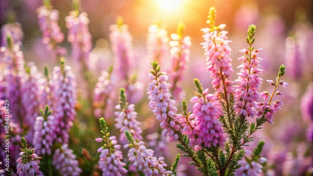 Fototapeta premium A Field of Delicate Pink Heather Blossoms Bathed in Golden Sunlight