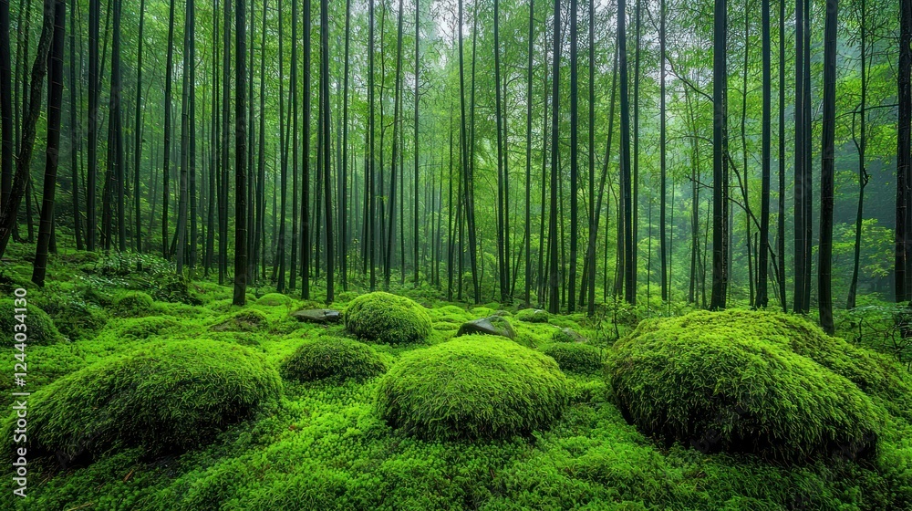 Obraz premium Lush mossy forest floor, misty wooded area, serene nature scene