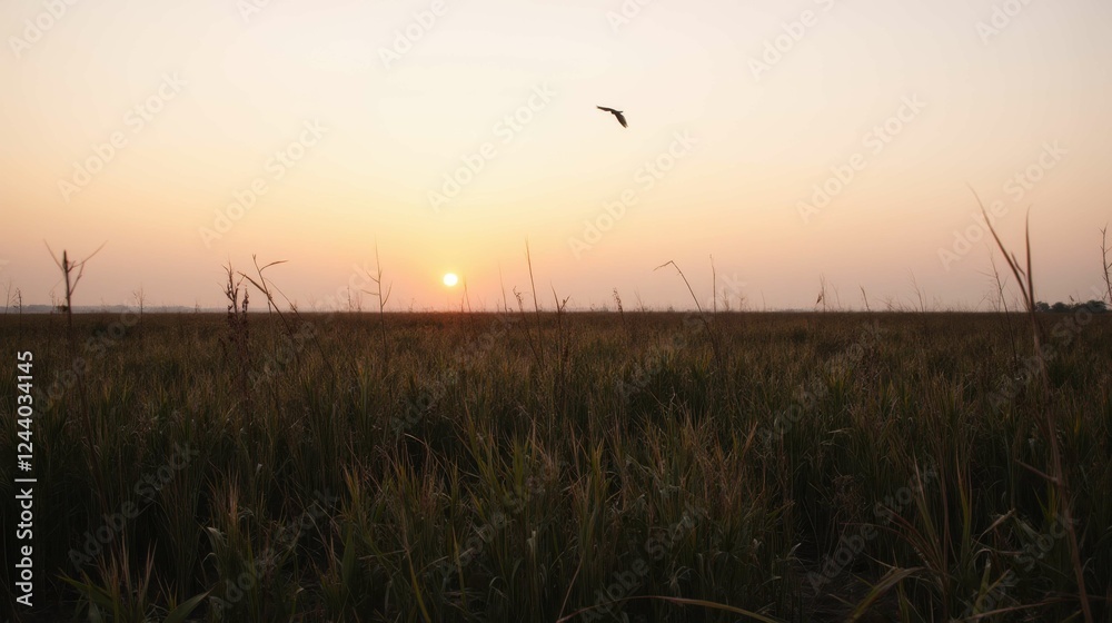 Serene Sunset Over Expansive Field with Bird in Flight at Dusk