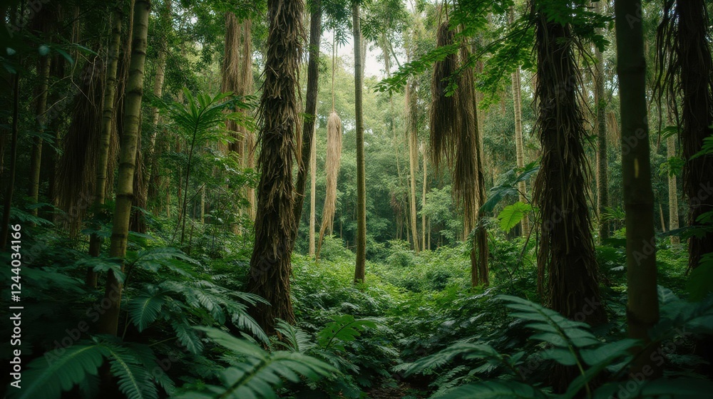 Lush Green Forest with Towering Trees and Dense Underbrush Lush Green Forest with Towering Trees and Dense Underbrush
