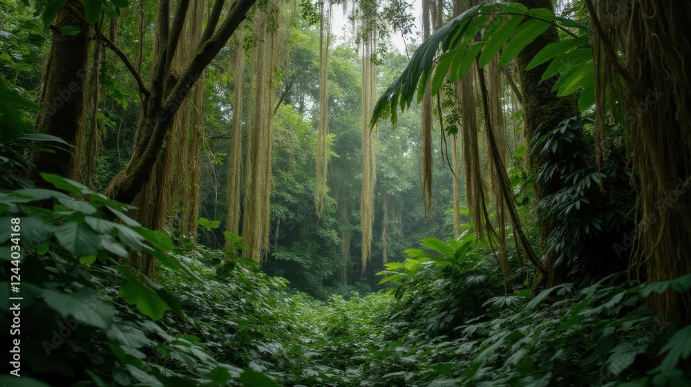 Lush Green Tropical Rainforest with Hanging Vines and Dense Foliage Lush Green Tropical Rainforest with Hanging Vines and Dense Foliage