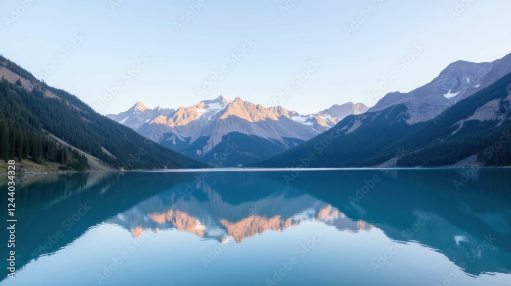 Fototapeta Serene Mountain Lake with Reflection Under Clear Blue Sky