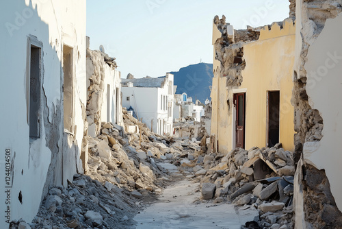 Devastated city after earthquake shows collapsed structures and scattered rubble, revealing the destruction caused by a natural disaster. photo