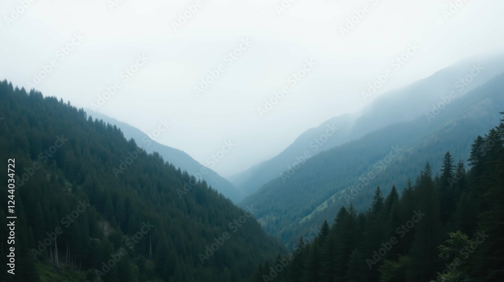 Serene Mountain Valley Under Soft Fog in Lush Green Landscape Serene Mountain Valley Under Soft Fog in Lush Green Landscape