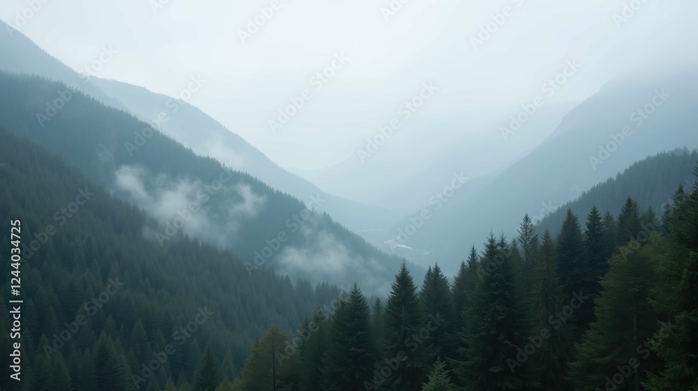 Misty Mountain Landscape with Dense Green Forests and Fog Misty Mountain Landscape with Dense Green Forests and Fog