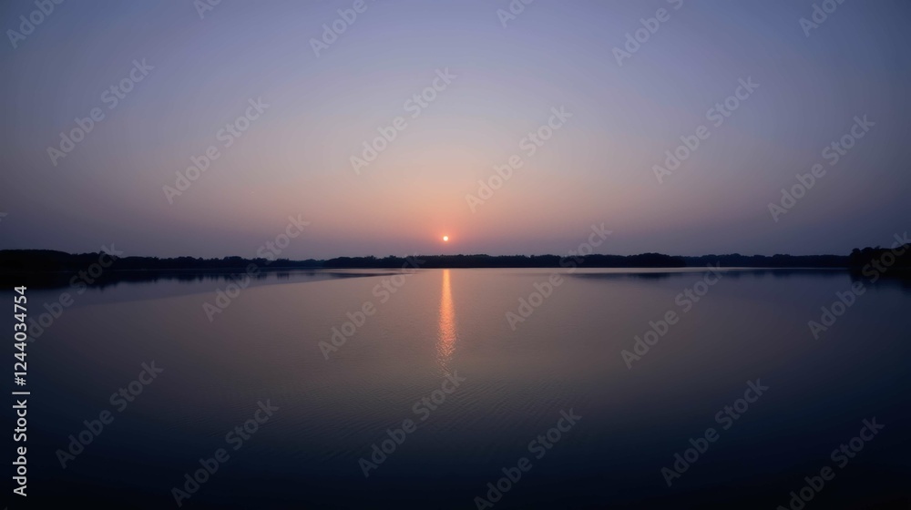 Obraz premium Serene Sunset Reflection Over Calm Water at Dusk Ensuring Tranquility