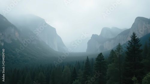 Misty Mountain Landscape with Pine Forest and Foggy Atmosphere
