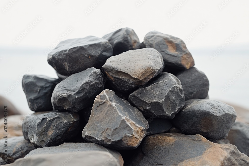 A natural rock pile sits atop a sunny beach, perfect for a scenic backdrop or landscape image A natural rock pile sits atop a sunny beach, perfect for a scenic backdrop or landscape image
