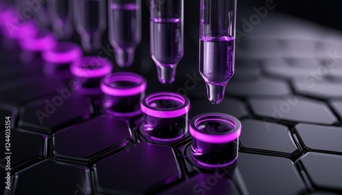 Close-up of pipettes dispensing purple liquid into circular microtubes on a hexagonal surface, showcasing precision in research. photo