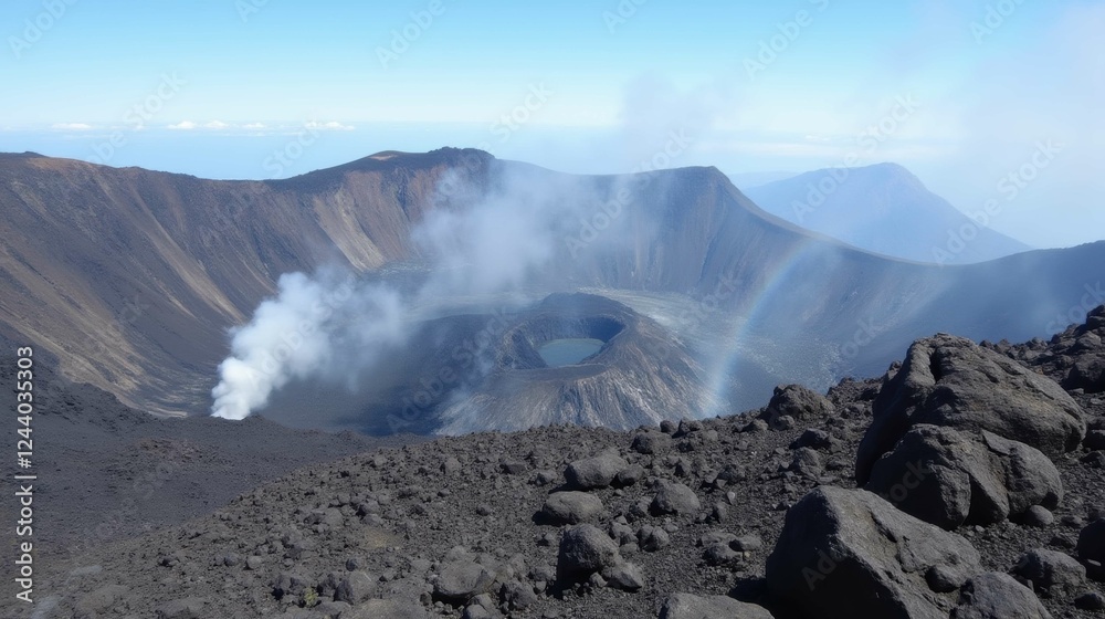 Stunning View of Active Volcano Crater Surrounded by Rocky Terrain Stunning View of Active Volcano Crater Surrounded by Rocky Terrain