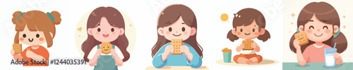 happy kids vector set with biscuits