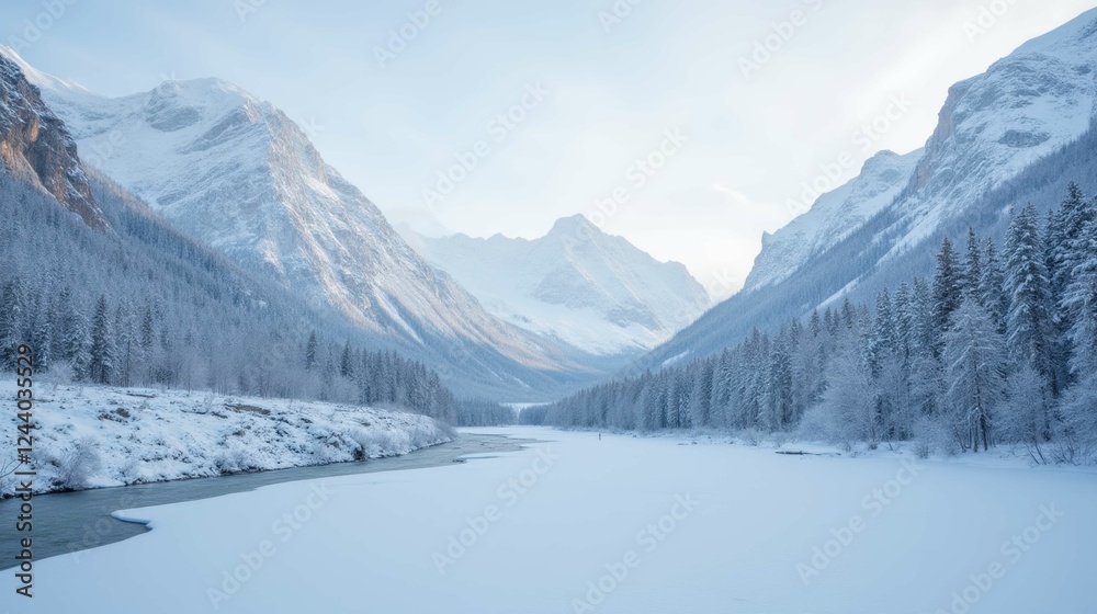 Serene Winter Landscape with Frozen River and Snow-Covered Mountains Serene Winter Landscape with Frozen River and Snow-Covered Mountains