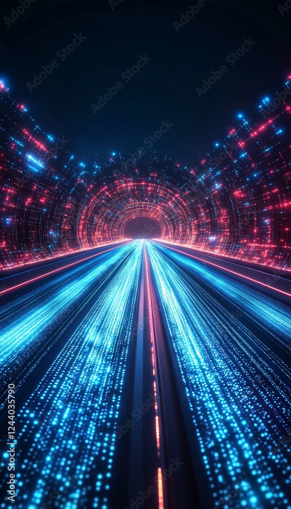 Fototapeta premium Futuristic Cityscape of Blue and Cyan Streaks of Speeding Light, Blur, Lights, Abstract Background