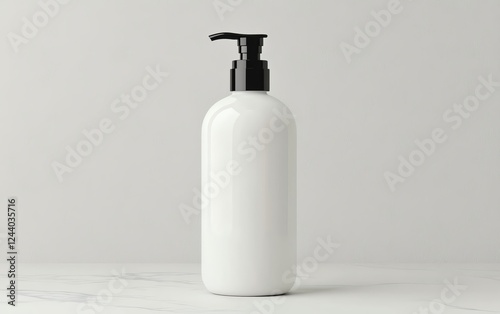 Minimalist white bottle with a black pump on a clean, light background.
