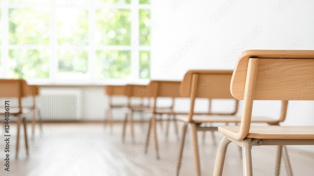 Empty classroom chairs near window, bright room. Education, learning Empty classroom chairs near window, bright room. Education, learning