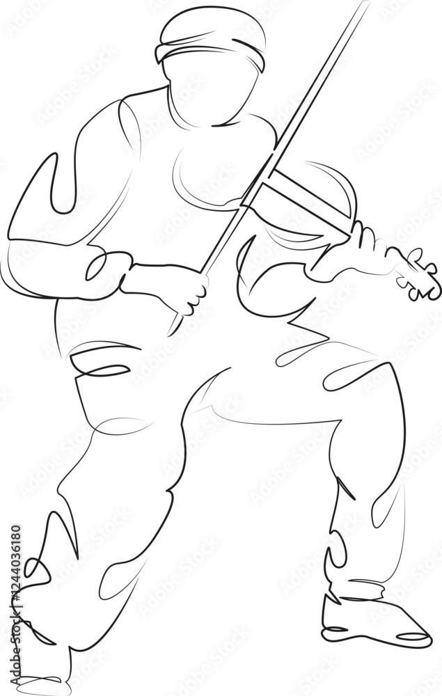 Fototapeta premium One continuous line art drawing flat illustration playing, person, violin, adult, adults only, music, one person only. Isolated image hand draw outline on white background
