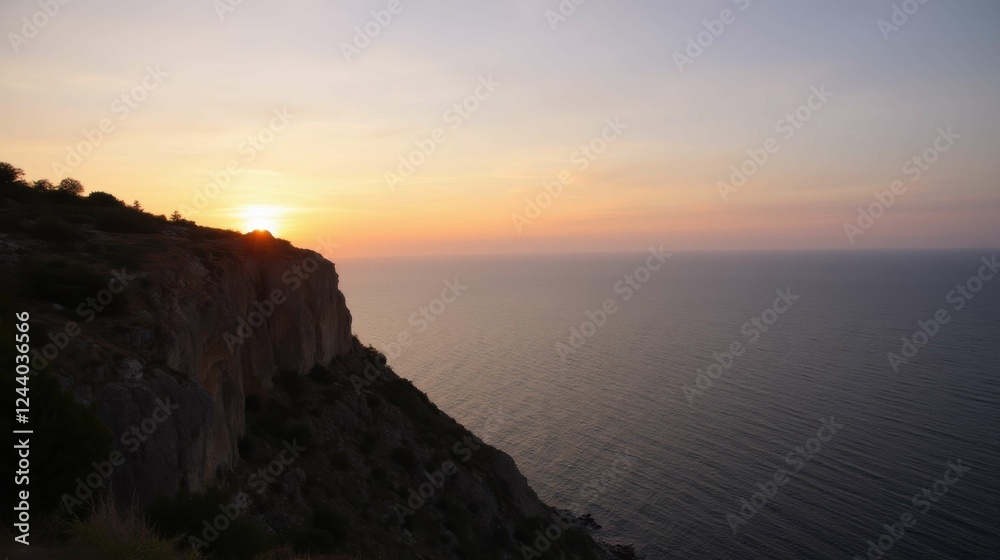 Serene Sunset Over Clifftop View of Calm Ocean Horizon Serene Sunset Over Clifftop View of Calm Ocean Horizon