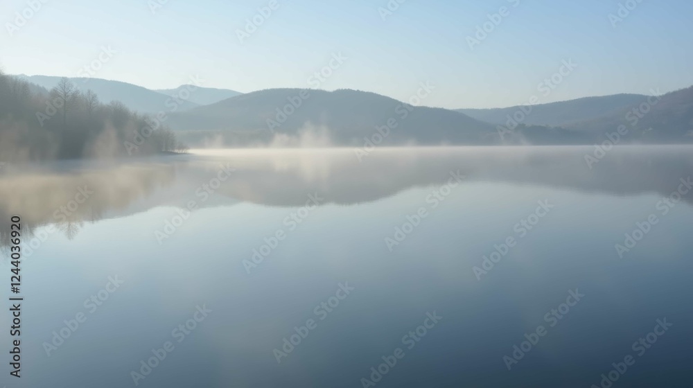 Fototapeta premium Serene Misty Lake Landscape in Early Morning Light