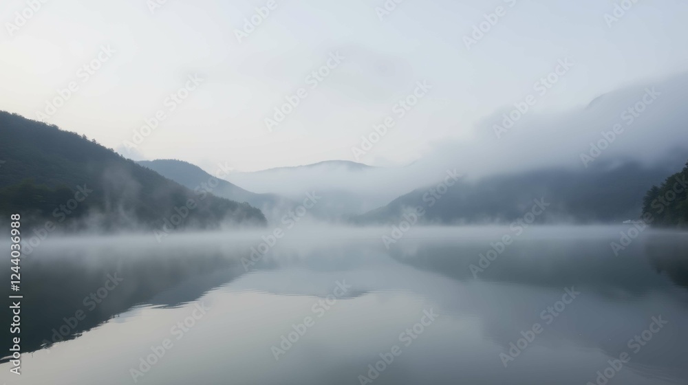 Obraz premium Serene Misty Lake at Dawn Surrounded by Mountains and Fog