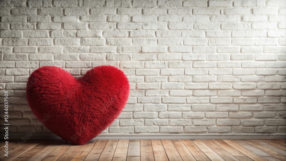 A plush red heart rests against a white brick wall in a simple room A plush red heart rests against a white brick wall in a simple room