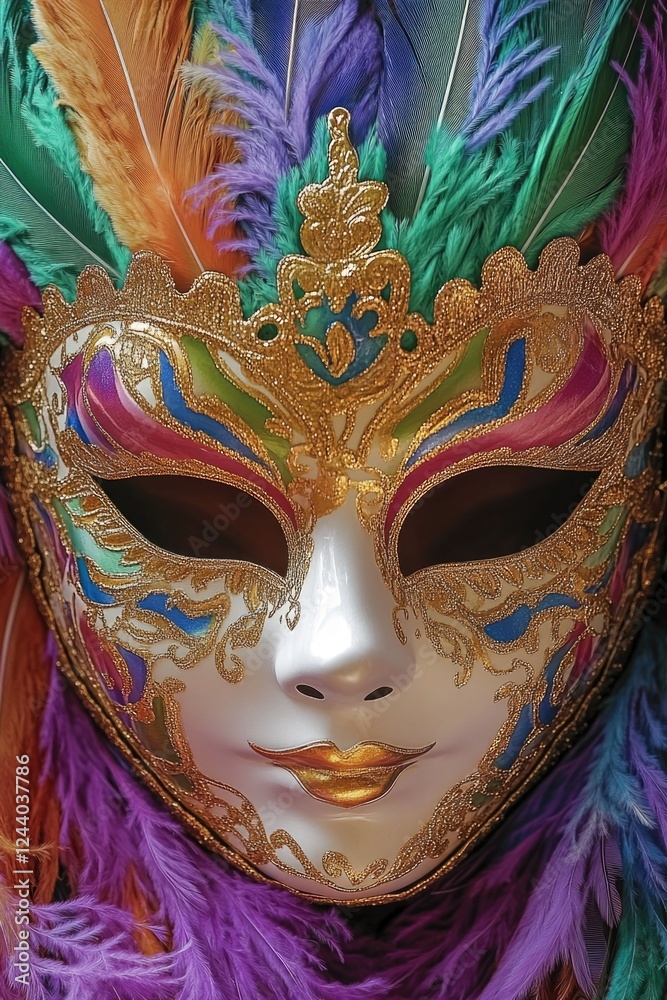 A close-up view of a colorful mask featuring feathers A close-up view of a colorful mask featuring feathers
