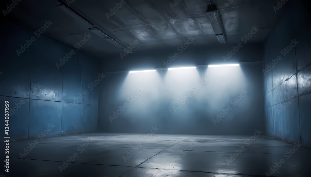 Empty Industrial Space with Blue Lighting and Fog, Perfect for Photography and Productions, Modern Aesthetic. Empty Industrial Space with Blue Lighting and Fog, Perfect for Photography and Productions, Modern Aesthetic.