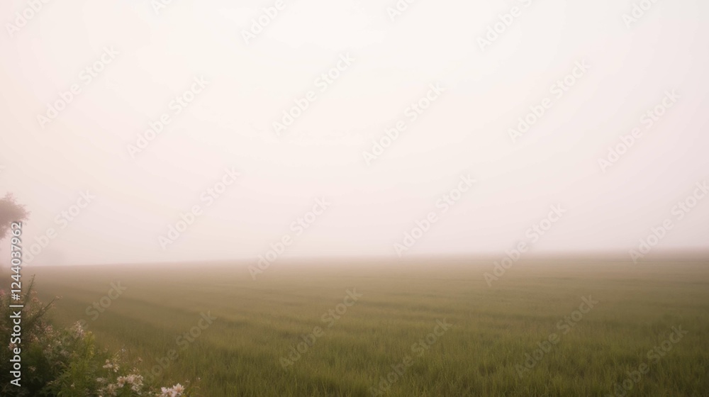Misty Morning Landscape Over Green Fields in Soft Foggy Atmosphere Misty Morning Landscape Over Green Fields in Soft Foggy Atmosphere